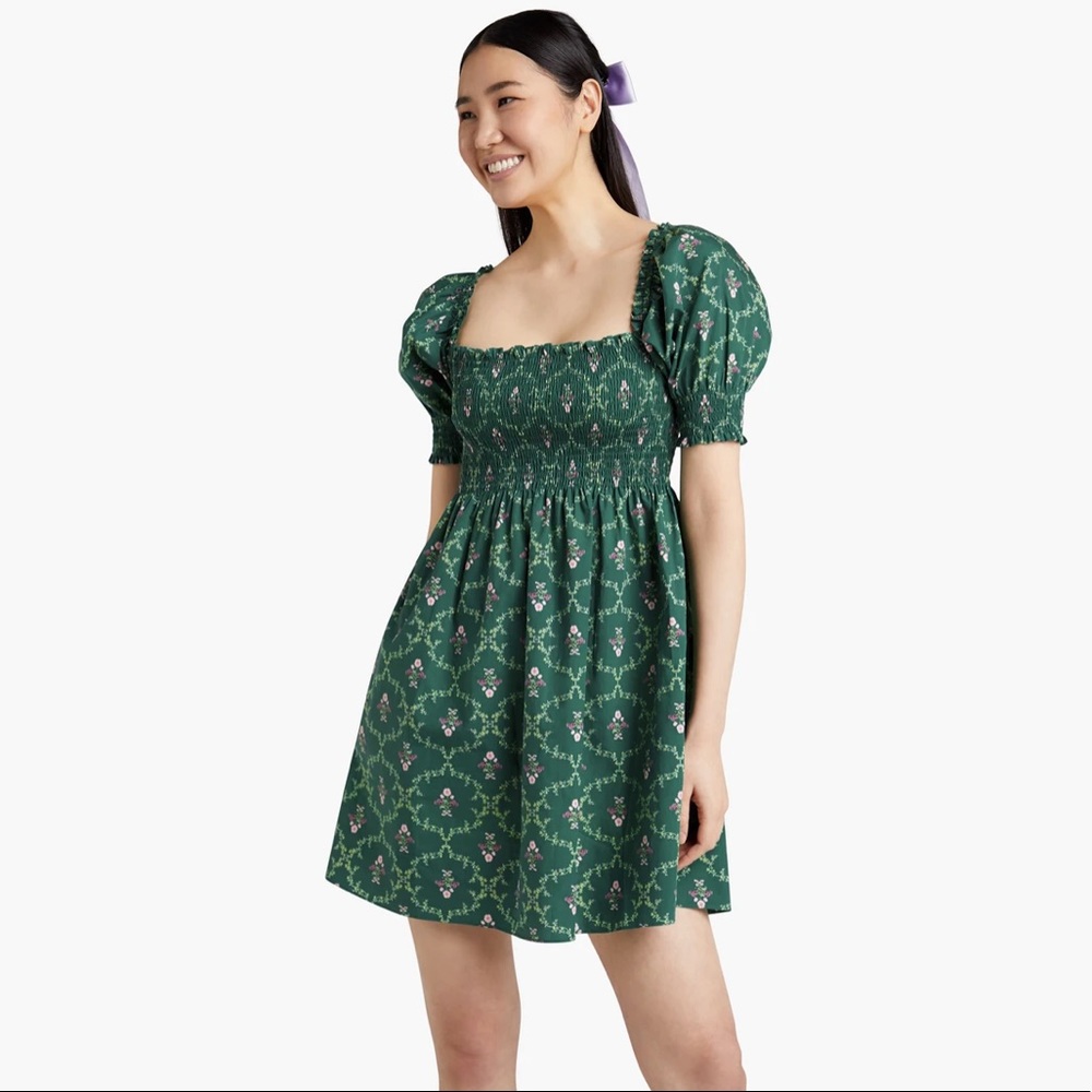 Hill House Green Floral Smocked Short Dress